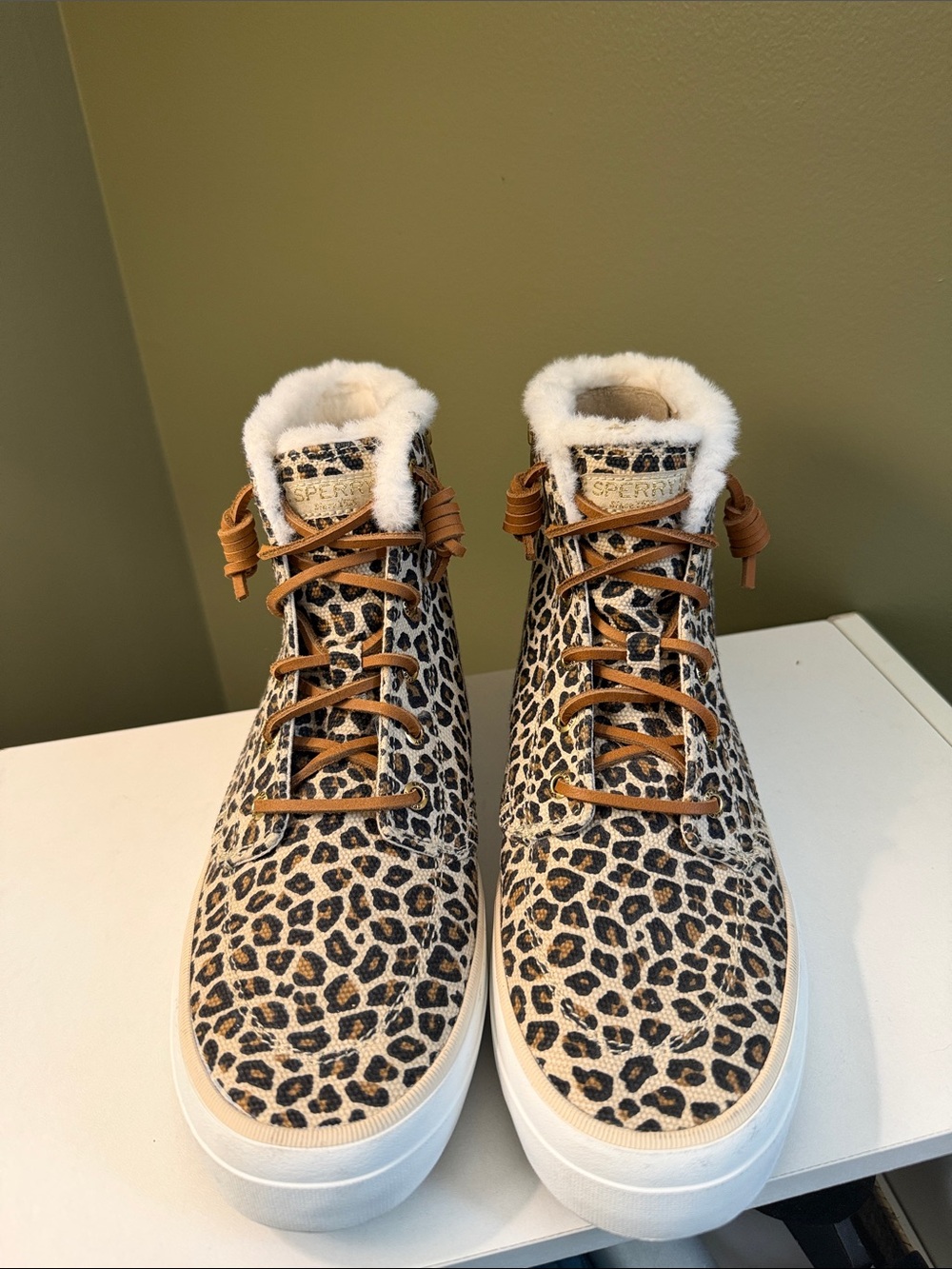 Sperry NWOT Leopard-Print Lace-Up Boots Sz 9.5M Tan Black White Womens